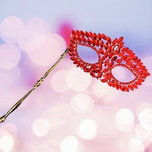 Gold masquerade mask, Ruby Red Crystal Mask, Masquerade Wedding mask, Stick Mask